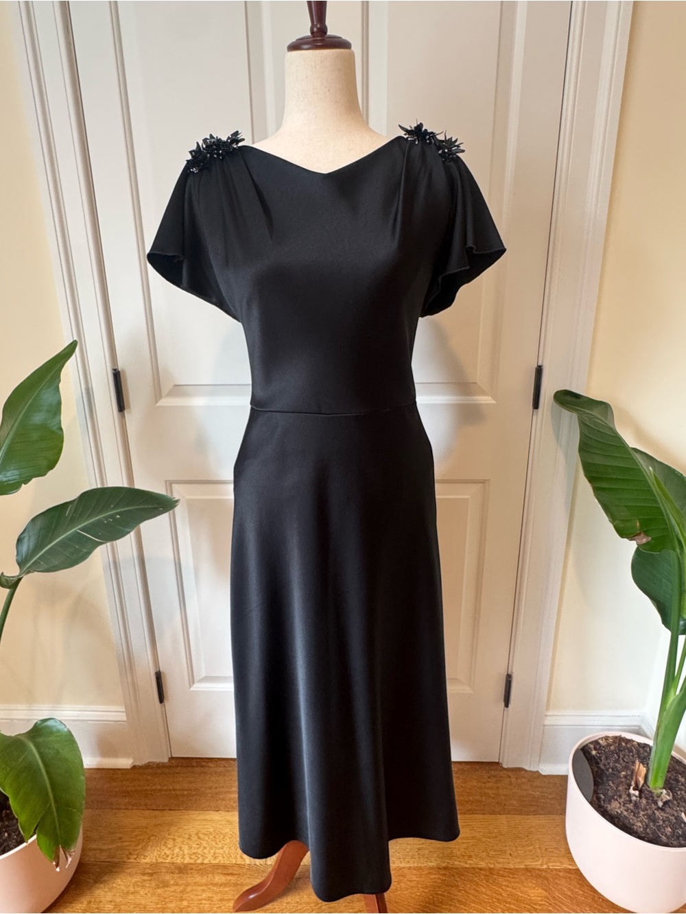 Jason Wu Elegant Black Flutter-Sleeve Midi Dress with a split in back.